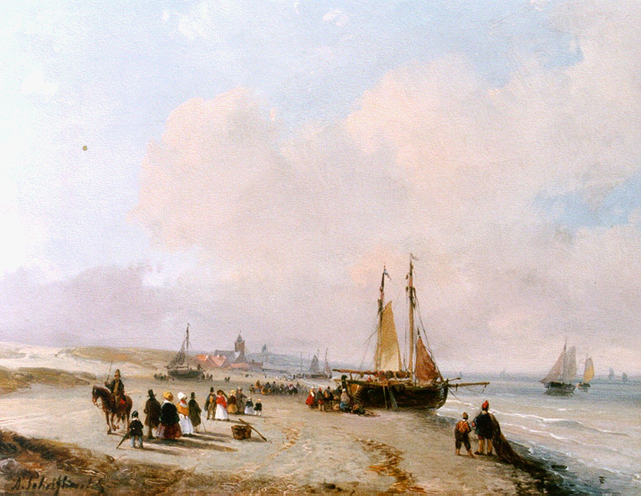 Schelfhout A.  | Andreas Schelfhout, An elegant company and fisher folk on the beach of Scheveningen, oil on panel 18.4 x 23.0 cm, signed l.l. and painted circa 1855