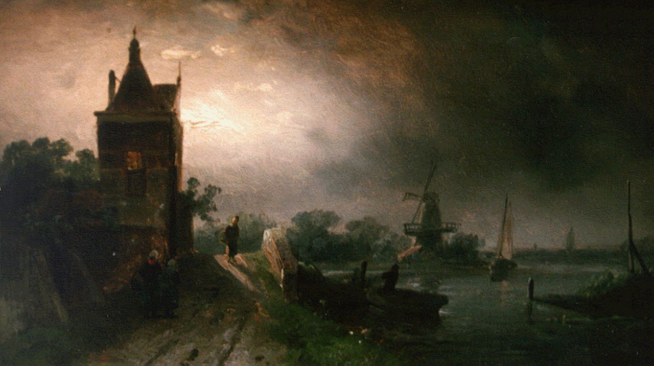 Leickert C.H.J.  | 'Charles' Henri Joseph Leickert, A moonlit river landscape, oil on panel 13.1 x 22.0 cm, signed l.r.