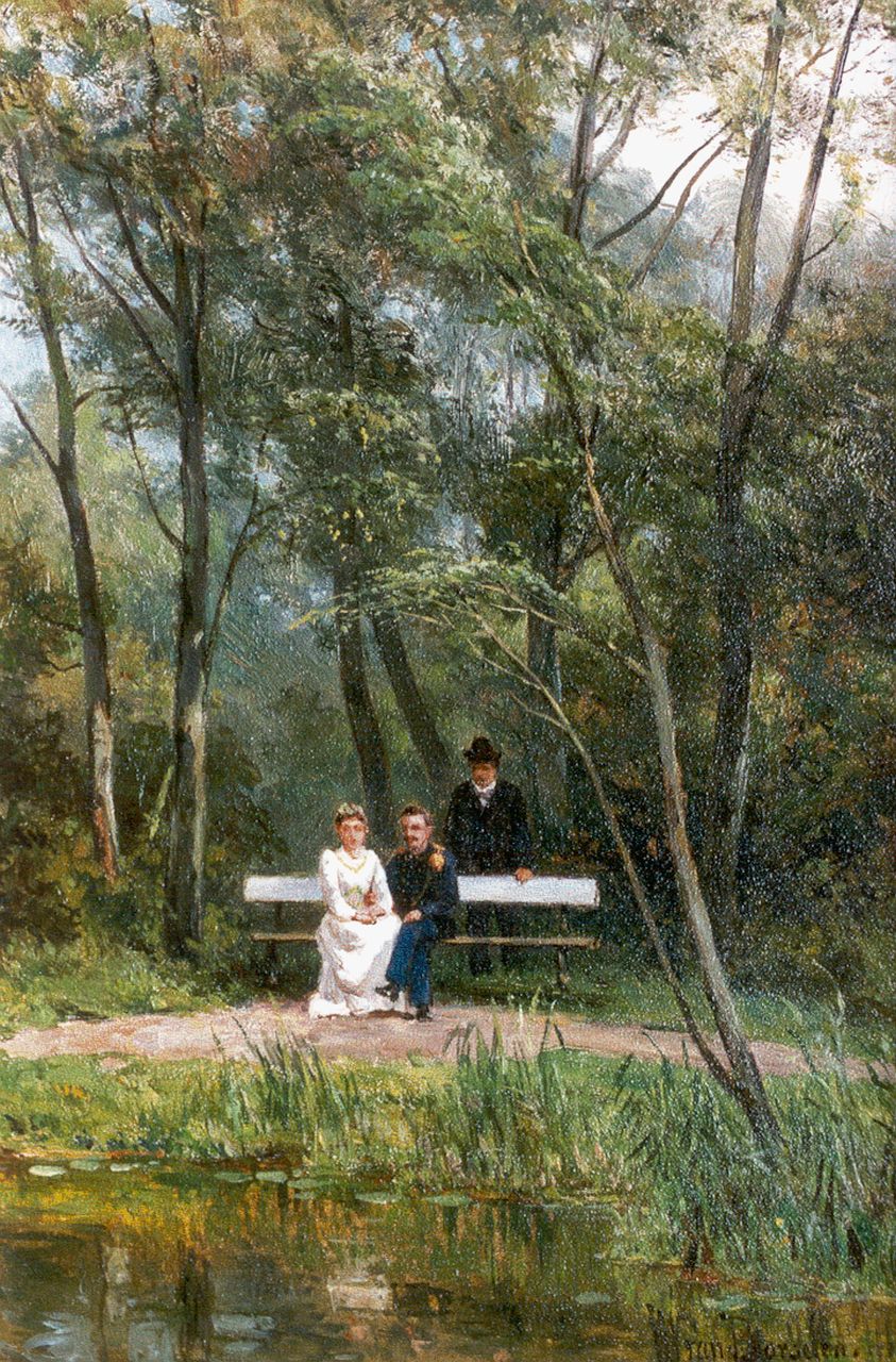 Borselen J.W. van | Jan Willem van Borselen, An elegant couple in a park, oil on panel 35.8 x 24.5 cm, signed l.r.