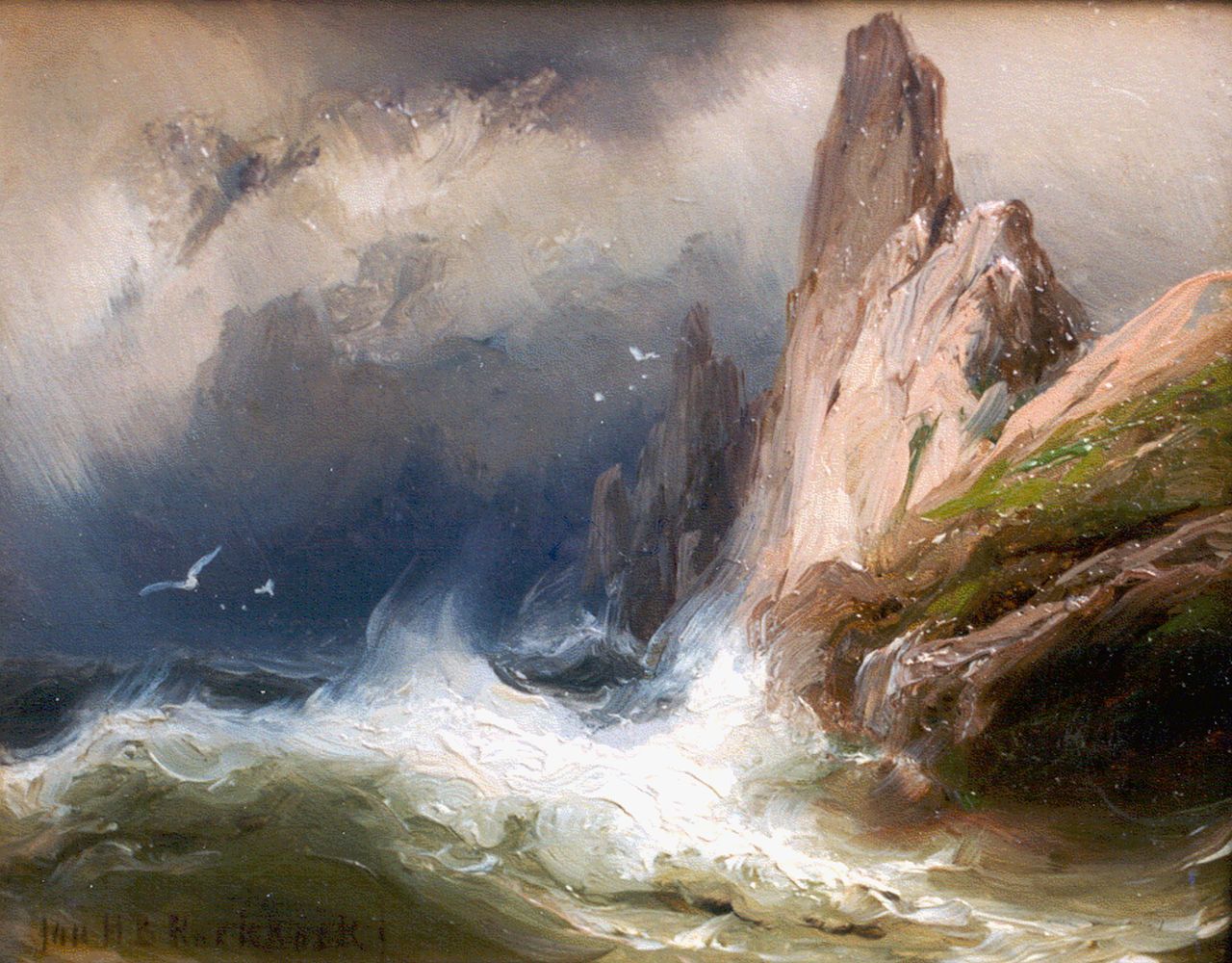 Koekkoek J.H.B.  | Johannes Hermanus Barend 'Jan H.B.' Koekkoek, A rocky coastal scene, oil on panel 9.4 x 12.0 cm, signed l.l.