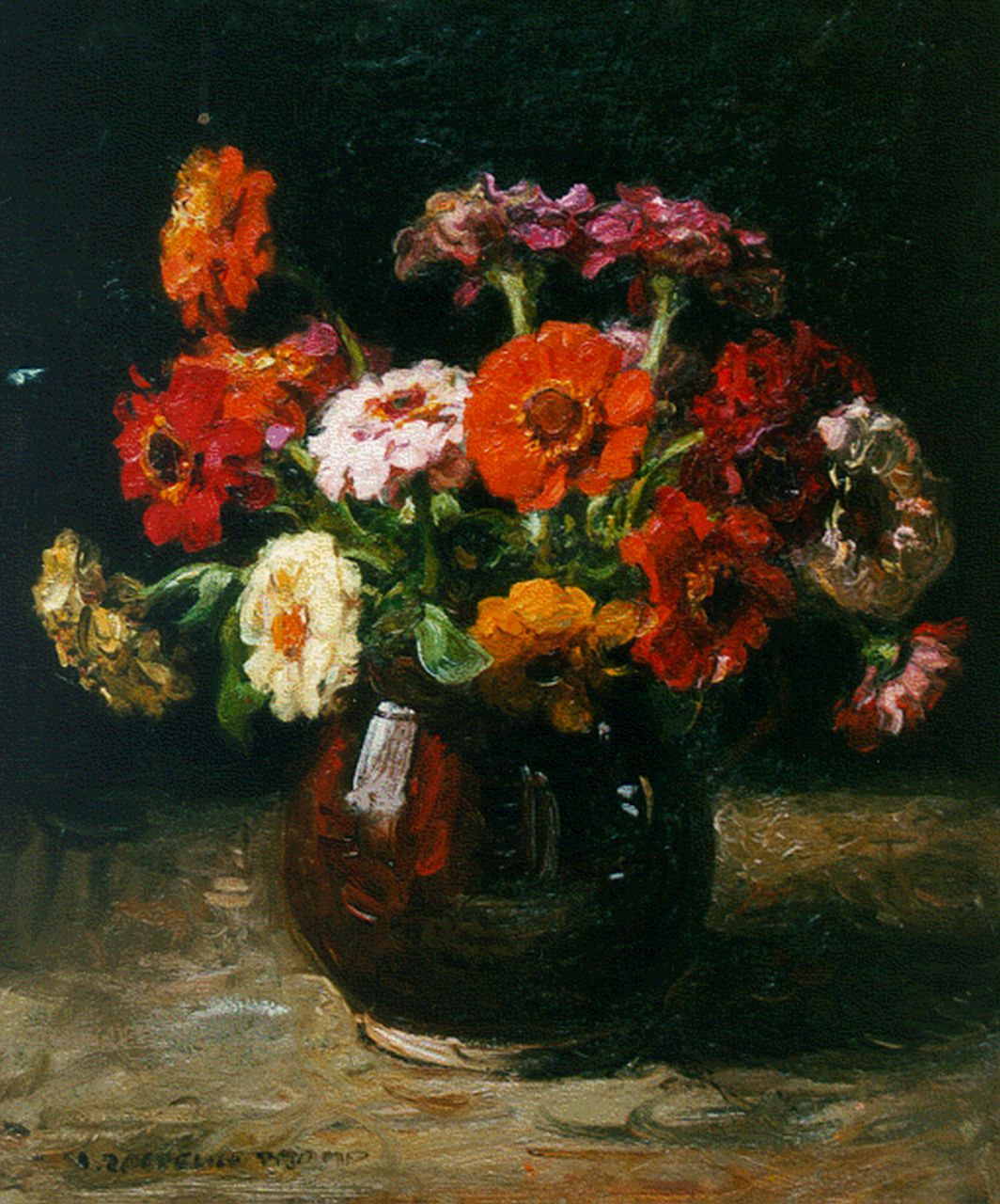 Zoetelief Tromp J.  | Johannes 'Jan' Zoetelief Tromp, A still life with zinnias, oil on canvas 42.0 x 35.0 cm, signed l.l.
