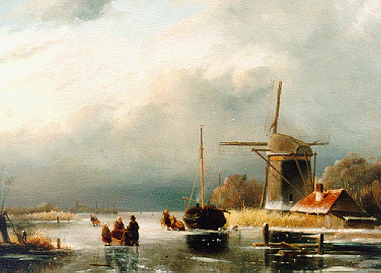 Hoen C.P. 't | Cornelis Petrus 't Hoen, A winter landscape with skaters by a windmill, oil on panel 32.0 x 43.5 cm, signed l.l. and dated 1846