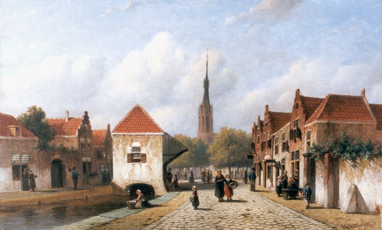 Vertin P.G.  | Petrus Gerardus Vertin, A view of Delft with the 'Nieuwe Kerk' in the background, oil on canvas 36.5 x 58.4 cm, signed l.r. and dated '67