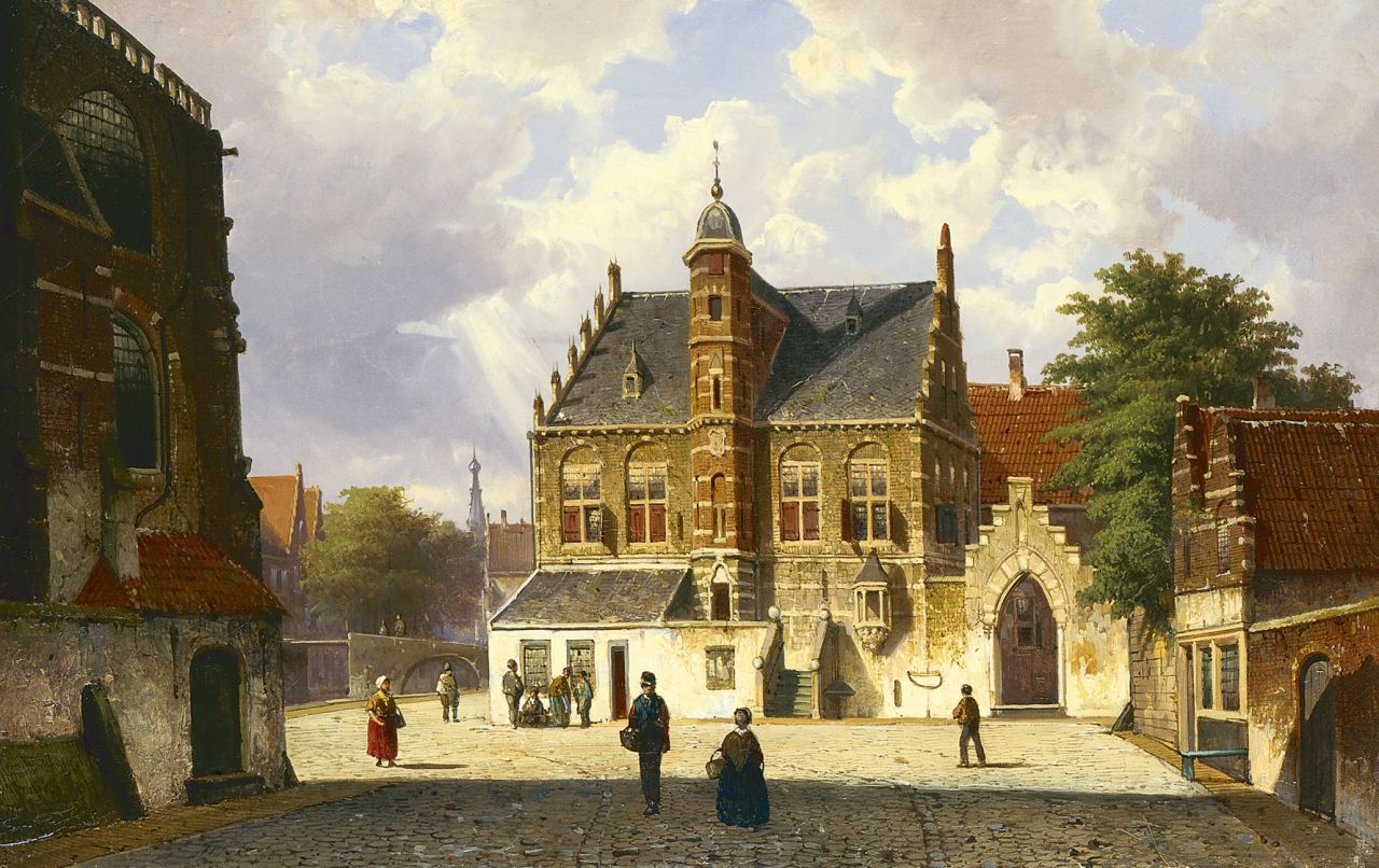 Koekkoek W.  | Willem Koekkoek, A sunlit village square with figures, oil on canvas 45.0 x 70.9 cm, signed l.l. with initials and dated '65