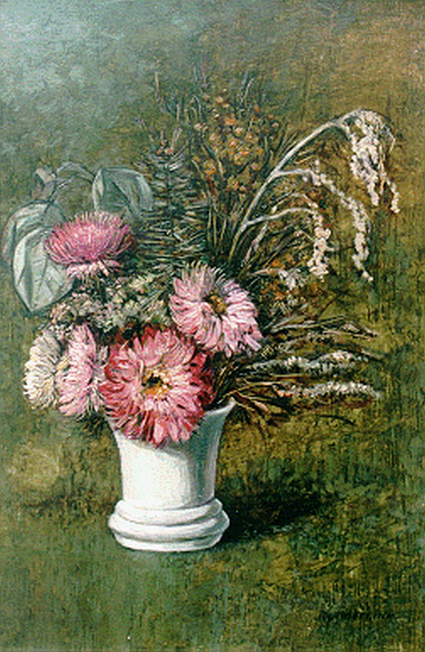 Mekkink J.  | Johan Mekkink, Dried flowers in a vase, oil on panel 30.5 x 20.4 cm, signed l.r.