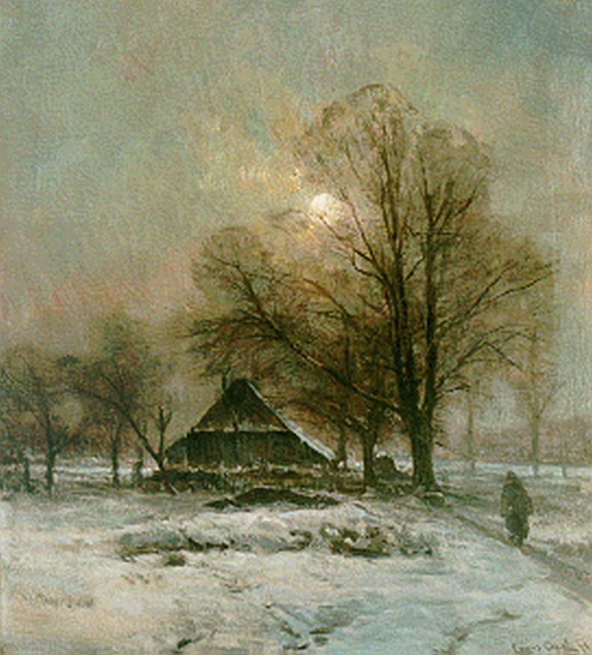 Apol L.F.H.  | Lodewijk Franciscus Hendrik 'Louis' Apol, A farm in a snow-covered landscape, oil on canvas 51.2 x 46.2 cm, signed l.r.