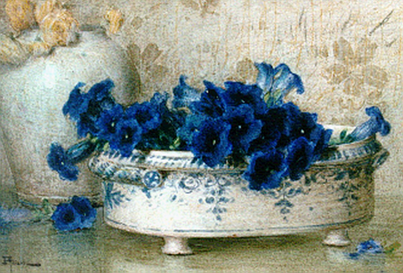 Filliard E.  | Ernest Filliard, Gentians in a bowl, watercolour on paper 28.5 x 41.5 cm, signed l.l.