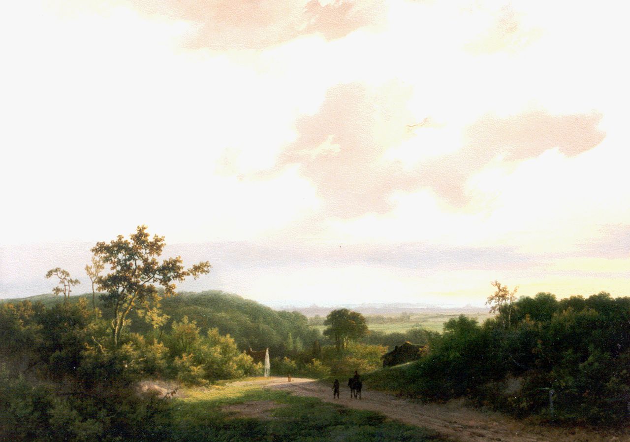 Koekkoek I M.A.  | Marinus Adrianus Koekkoek I, Travellers in a panoramic landscape, oil on panel 24.7 x 32.7 cm, signed l.r. and dated 1848