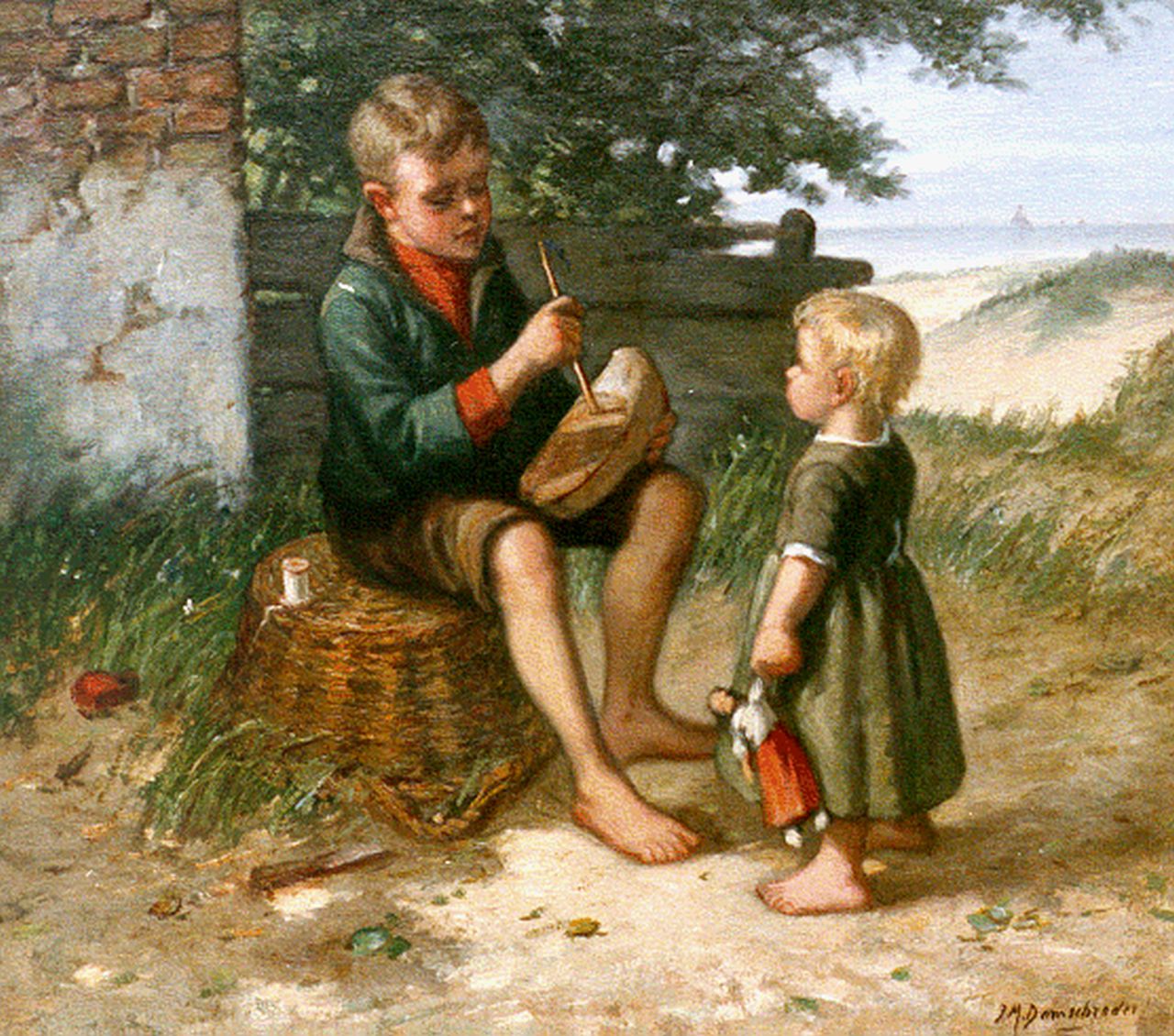 Damschreuder J.J.M.  | Jan Jacobus Matthijs Damschreuder, Jongen maakt zeilklompje voor zijn zusje, oil on canvas 35.4 x 40.4 cm, gesigneerd rechtsonder