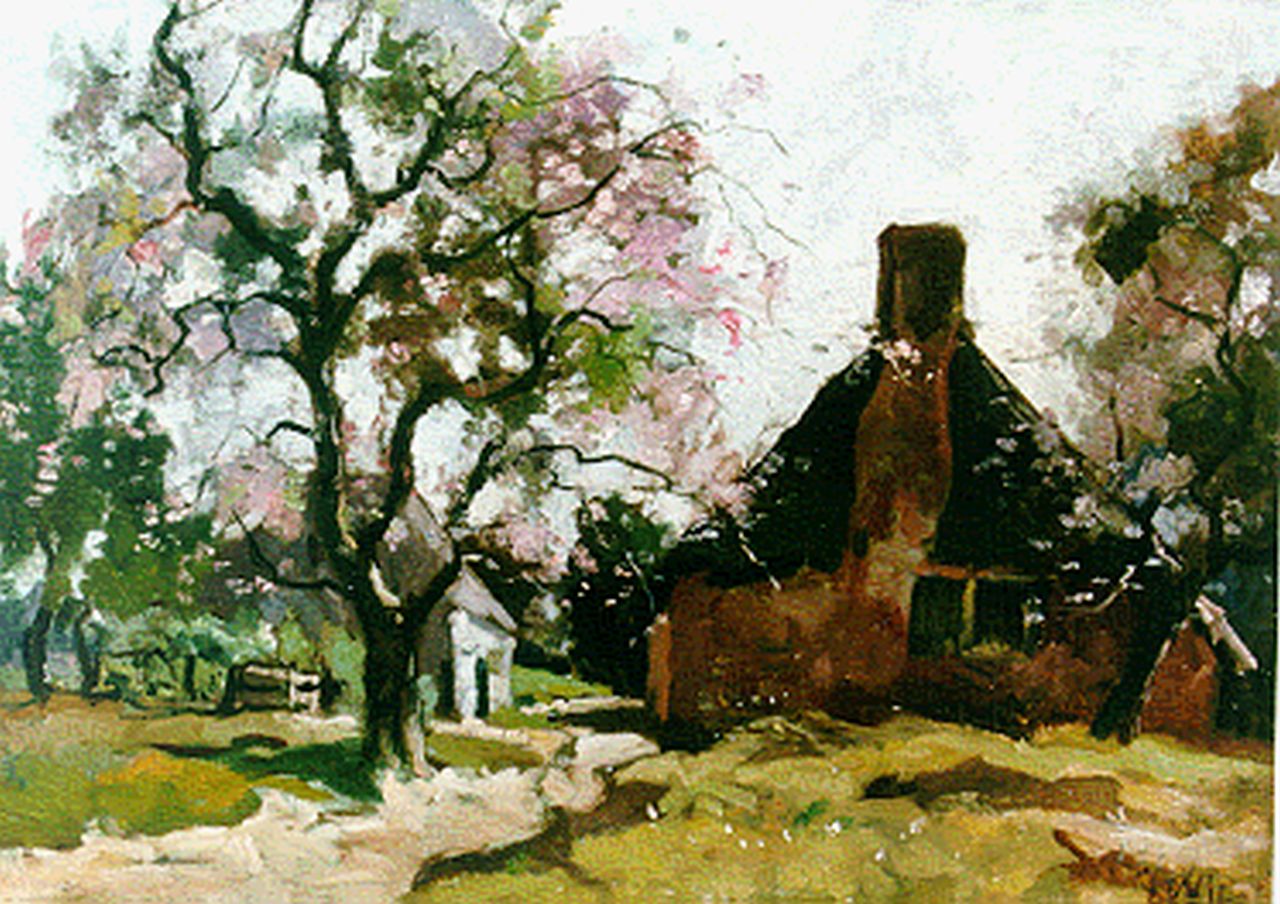 Vuuren J. van | Jan van Vuuren, A yard with a blossoming tree, oil on canvas 33.0 x 45.4 cm, signed l.r.