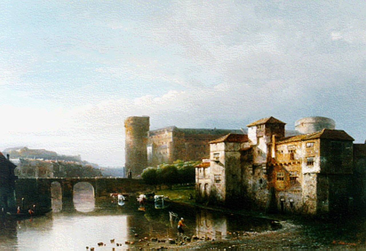 Karsen K.  | Kasparus Karsen, Stad met kasteel aan de rivier, oil on panel 37.5 x 53.7 cm, gesigneerd rechtsonder