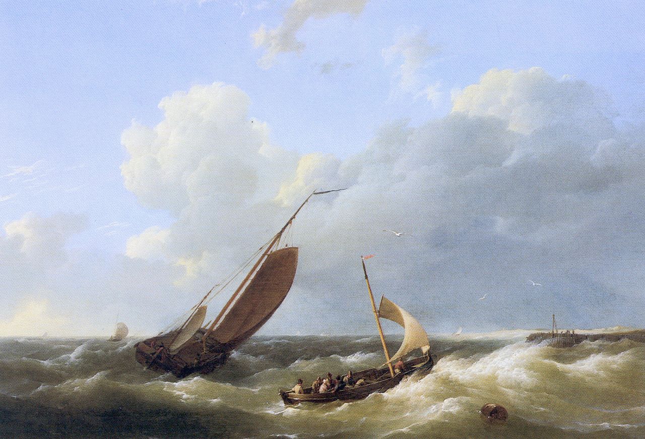 Koekkoek H.  | Hermanus Koekkoek, Shipping in choppy waters, oil on panel 24.7 x 33.7 cm, signed l.r.
