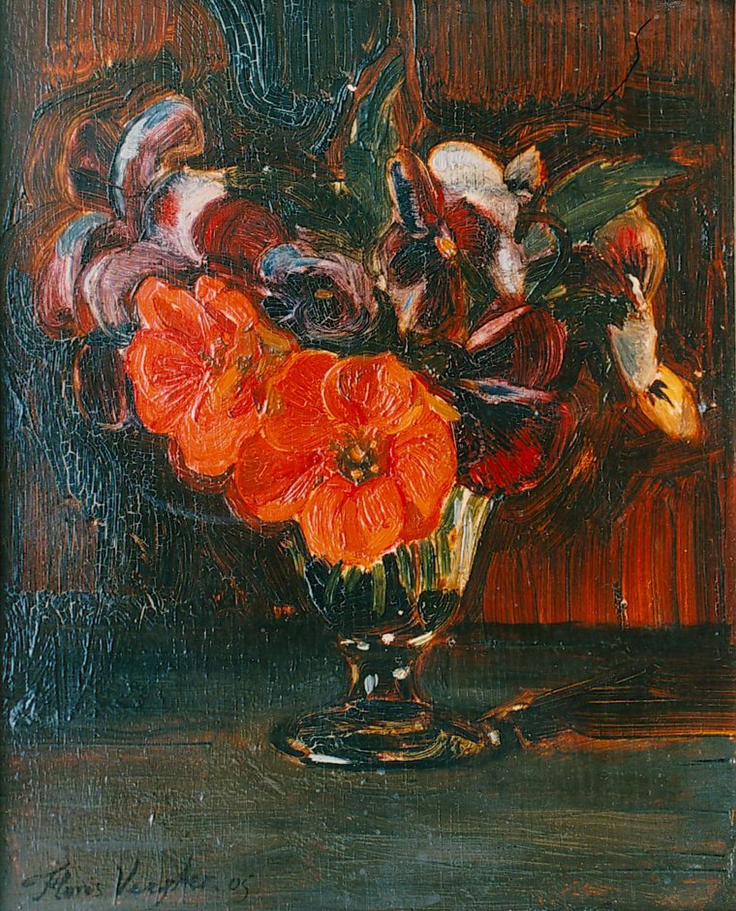 Verster van Wulverhorst (Floris Verster) F.H.  | Floris Hendrik Verster van Wulverhorst (Floris Verster), A flower still life, oil on panel 22.0 x 18.0 cm, signed l.l. and dated '05