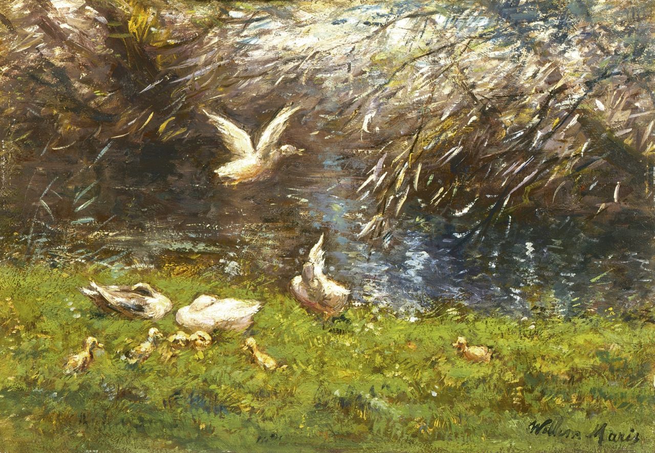 Maris W.  | Willem Maris, Ducks on the riverbank, oil on panel 20.0 x 28.5 cm, signed l.r.