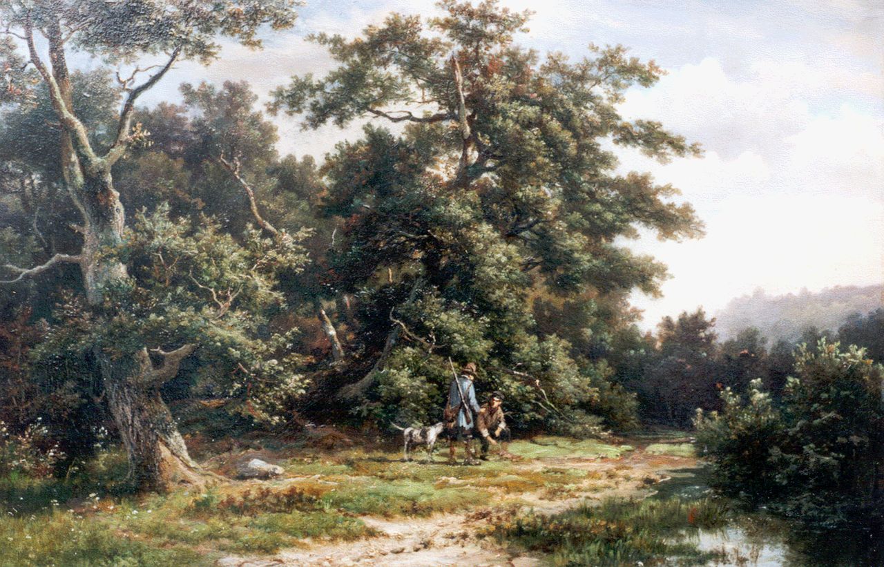 Koekkoek H.  | Hermanus Koekkoek, Hunters on a path, oil on panel 28.7 x 43.8 cm, signed l.c.