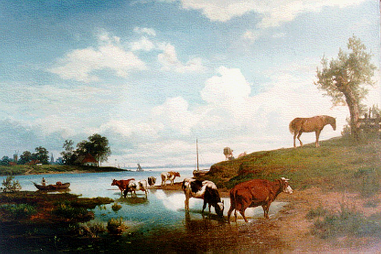 Lot H.  | Hendrik Lot, A river landscape with cattle watering, oil on canvas 58.0 x 84.0 cm, signed l.r.