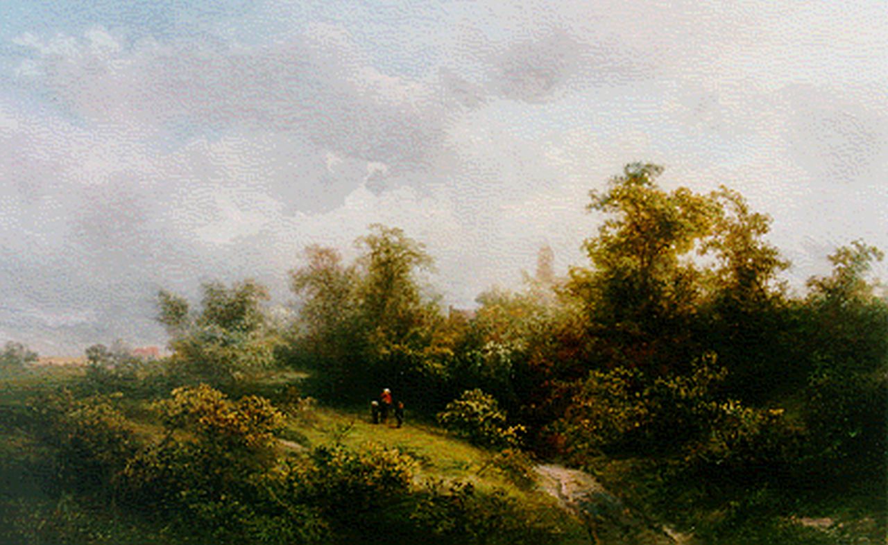 Kluyver P.L.F.  | 'Pieter' Lodewijk Francisco Kluyver, Travellers in a wooded landscape, oil on panel 32.0 x 52.0 cm, signed l.l.