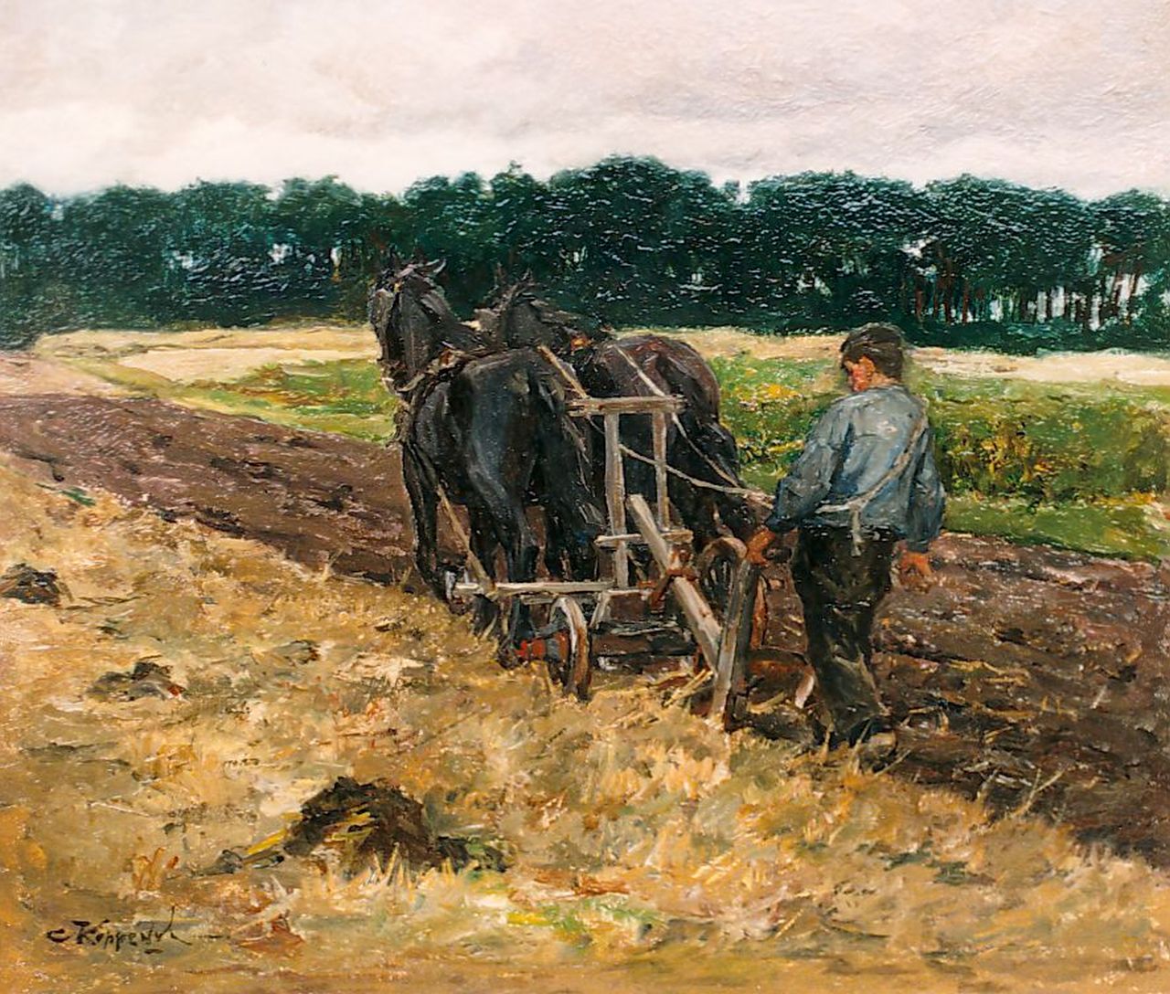 Koppenol C.  | Cornelis 'Kees' Koppenol, A farmer ploughing the fields, oil on panel 24.2 x 28.2 cm, signed l.l.