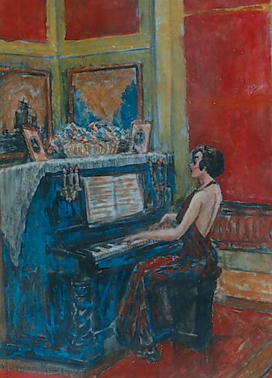 Meurs H.H.  | 'Harmen' Hermanus Meurs, Elegant lady playing the piano, watercolour on paper 26.0 x 19.0 cm, signed l.l.