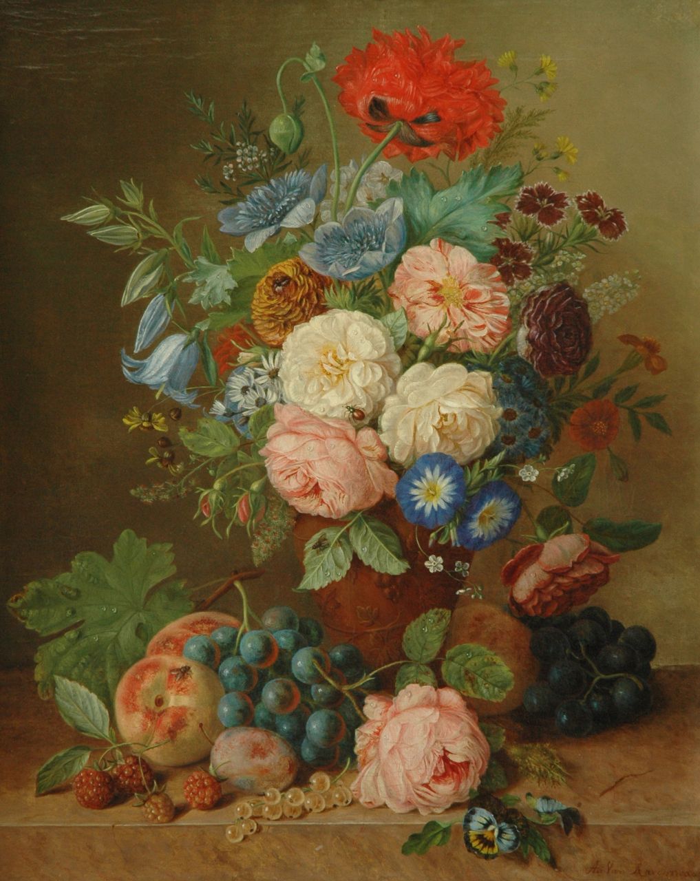 Ravenswaay A. van | Adriana van Ravenswaay, A still life with flowers, fruit and insects, oil on canvas 51.2 x 41.4 cm, signed l.r.