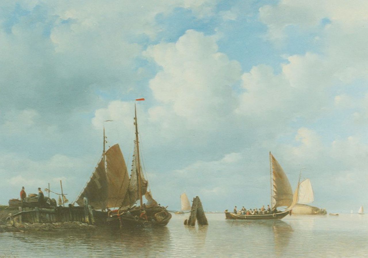 Koster E.  | Everhardus Koster, A Dutch barge departing, oil on panel 52.3 x 72.8 cm, signed l.l.