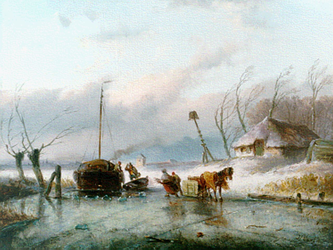 Morel II J.E.  | Jan Evert Morel II, Frozen waterway, oil on panel 22.8 x 30.2 cm, signed l.r.