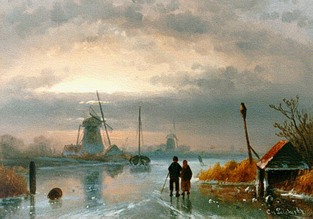 Leickert C.H.J.  | 'Charles' Henri Joseph Leickert, A winter landscape by dusk, oil on panel 14.2 x 20.0 cm, signed l.r.