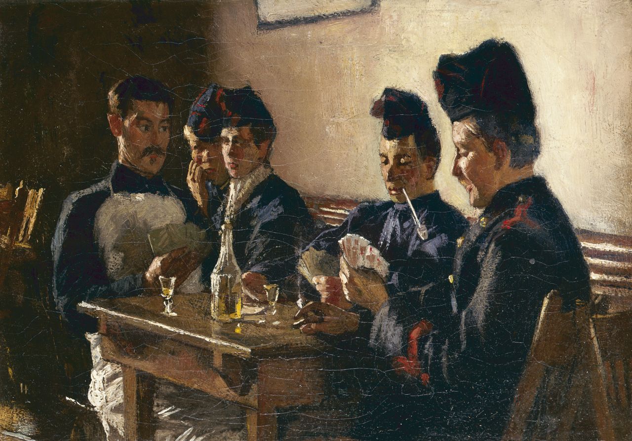 Krabbé H.M.  | Heinrich Martin Krabbé, Playing cards, oil on canvas 24.5 x 34.3 cm, signed l.l. indistinctly