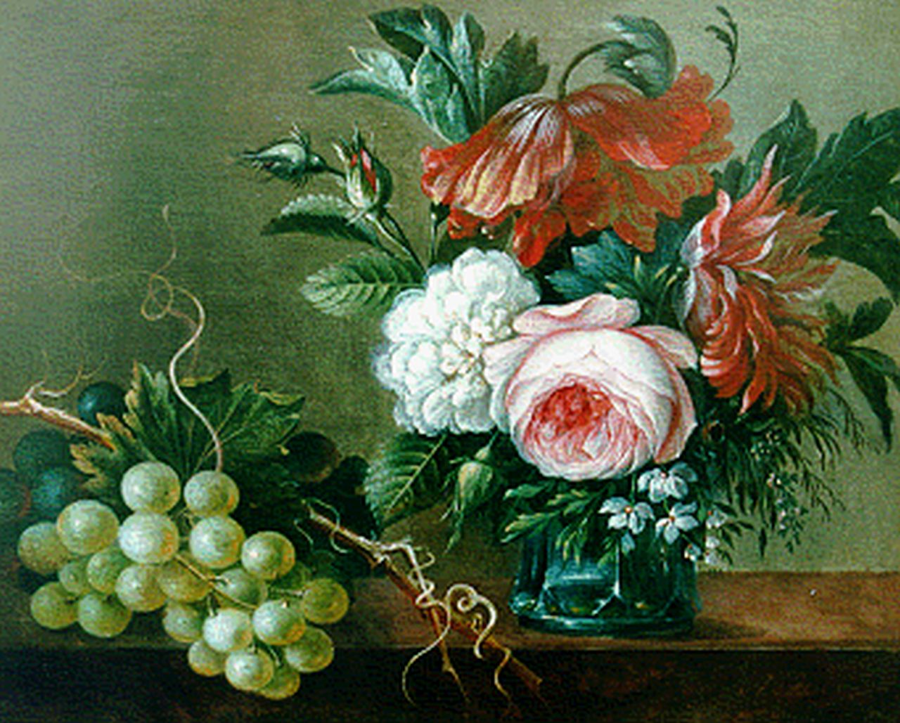 Apol A.  | Adrianus Apol, Still life with flowers and grapes, oil on panel 22.9 x 28.3 cm, signed l.r. and dated 1845