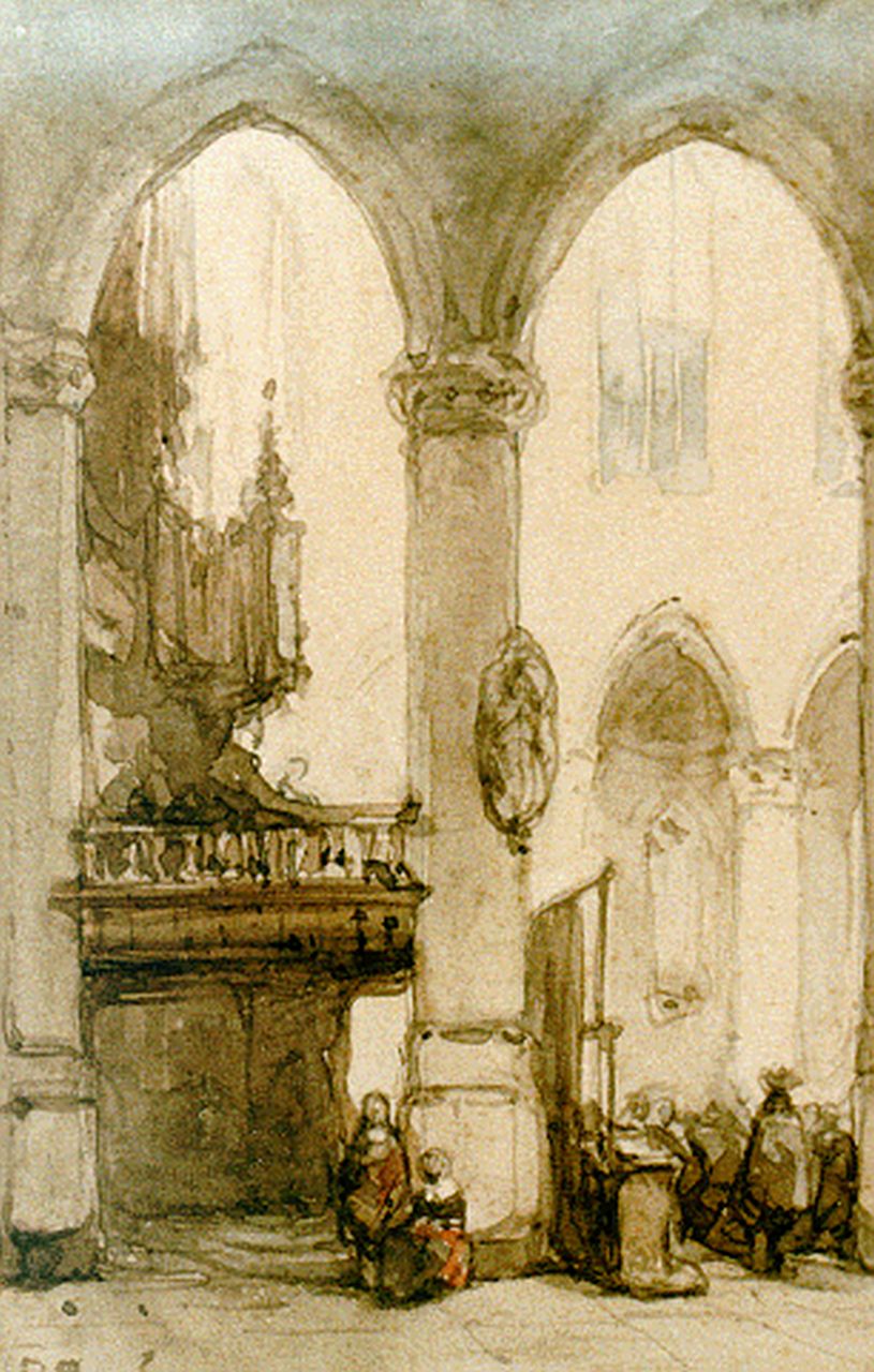 Bosboom J.  | Johannes Bosboom, A church interior, watercolour on paper 12.5 x 8.5 cm, signed l.l.