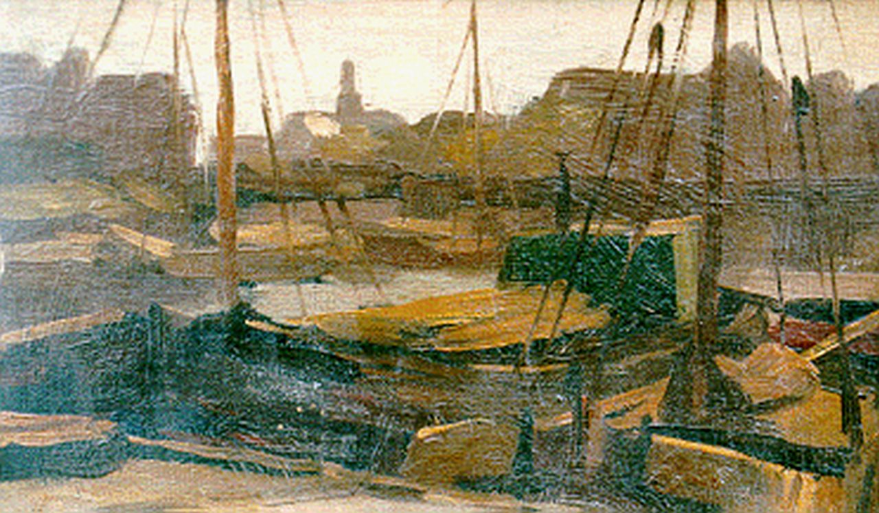 Bobeldijk F.  | Felicien Bobeldijk, Moored boats in a harbour, 13.3 x 21.8 cm, signed l.l.