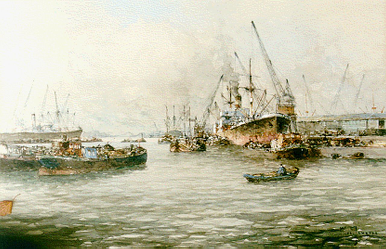 Drulman M.J.  | Marinus Johannes Drulman, The Rotterdam harbour, mixed media on paper 40.0 x 65.0 cm, signed l.r.