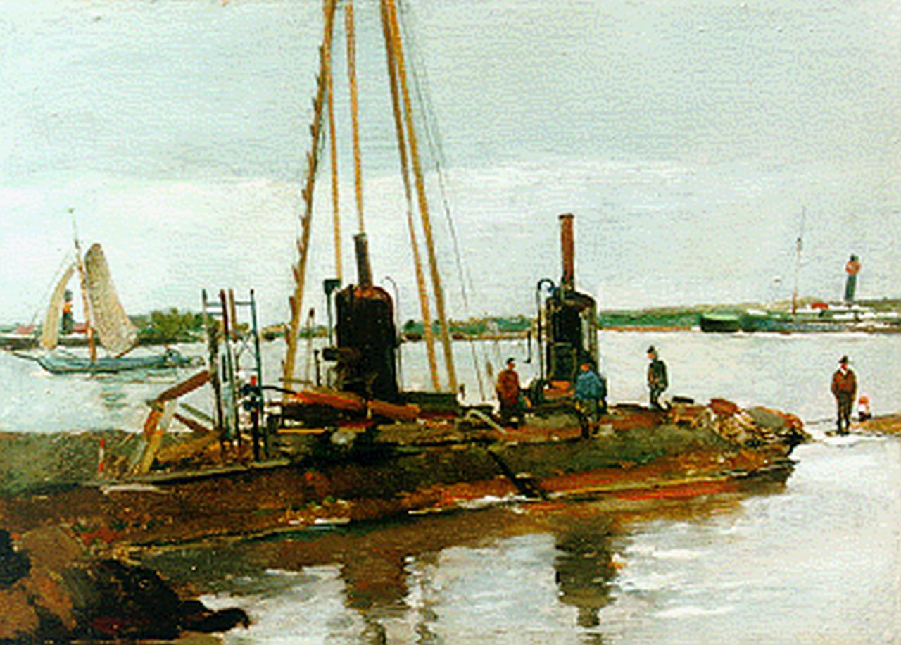 Groen H.P.  | Hendrik Pieter 'Piet' Groen, Dredging, Rotterdam, oil on panel 20.1 x 27.2 cm, signed l.l.