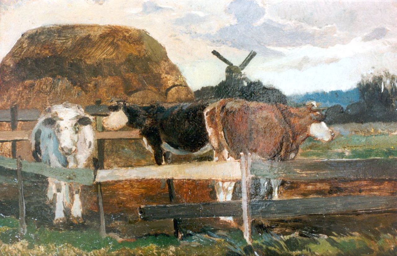 Kruyder H.J.  | 'Herman' Justus Kruyder, Milking yard, oil on canvas 17.7 x 27.5 cm, dated 1911