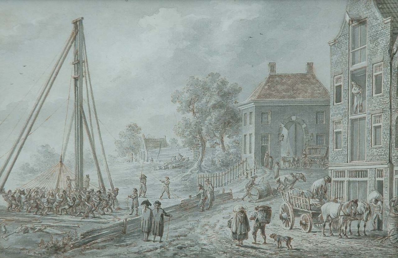 Langendijk D.  | Dirk Langendijk, Driving piles in a Dutch city, washed ink on paper 13.4 x 20.0 cm, signed l.l. and dated 15 juni 1798