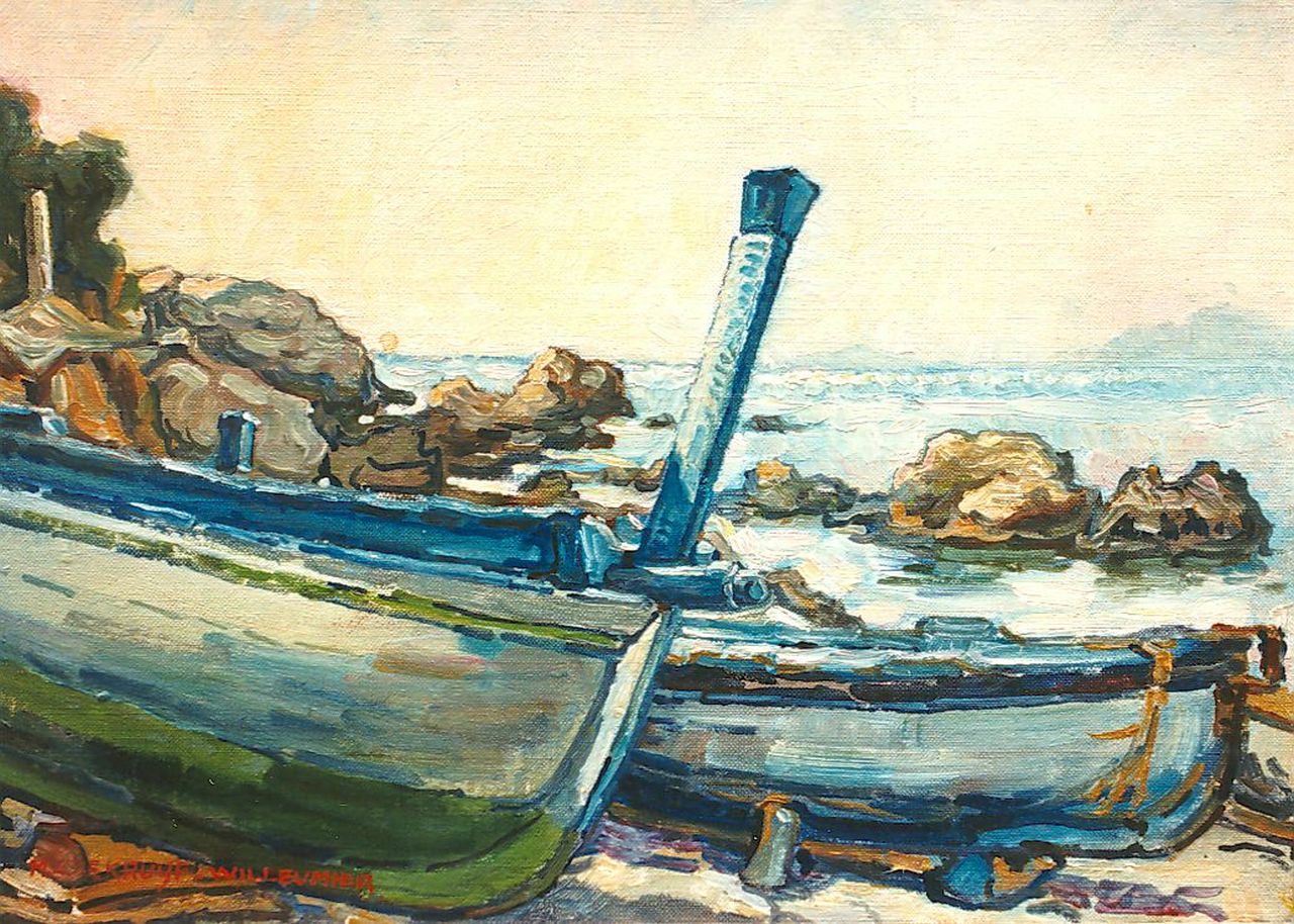 Kruijff-Willemier M.A.  | Maria Augusta Kruijff-Willemier, A rocky coast with moored boats, oil on canvas 23.0 x 33.0 cm, signed l.l.
