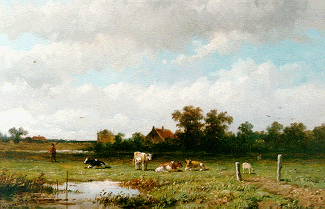 Wijngaerdt A.J. van | Anthonie Jacobus van Wijngaerdt, Cattle in a meadow, oil on panel 23.1 x 36.1 cm, signed l.l.