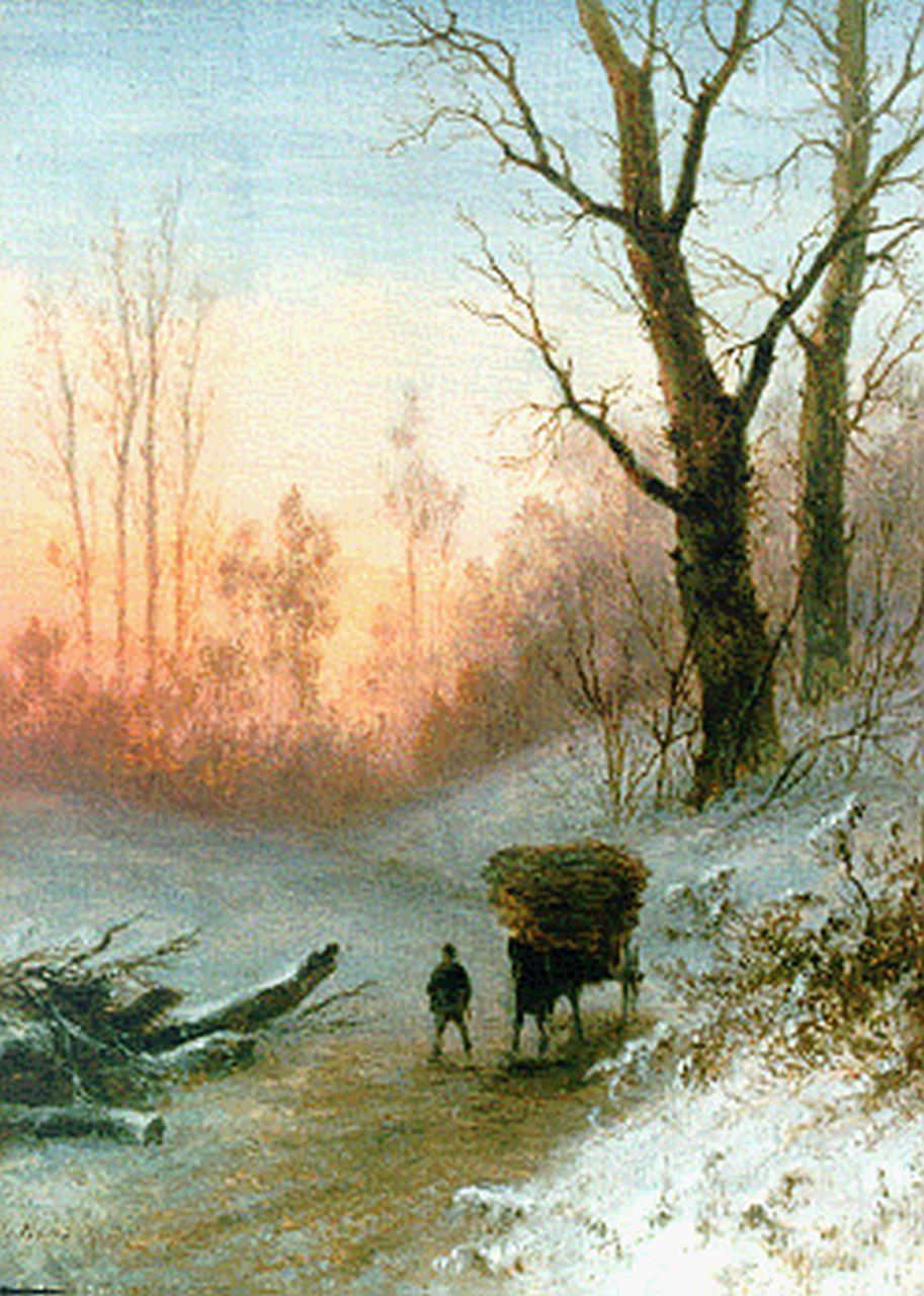 Hans J.G.  | Josephus Gerardus Hans, A forest landscape in winter, oil on panel 22.6 x 17.2 cm