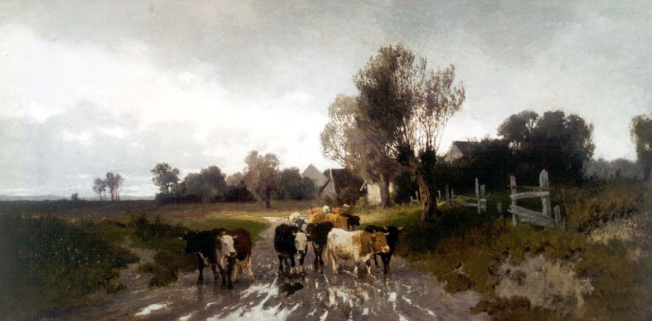 Baisch H.  | Hermann Baisch, Cattle in a polder landscape, oil on canvas 39.3 x 78.9 cm, signed l.r. and painted 1869-1881