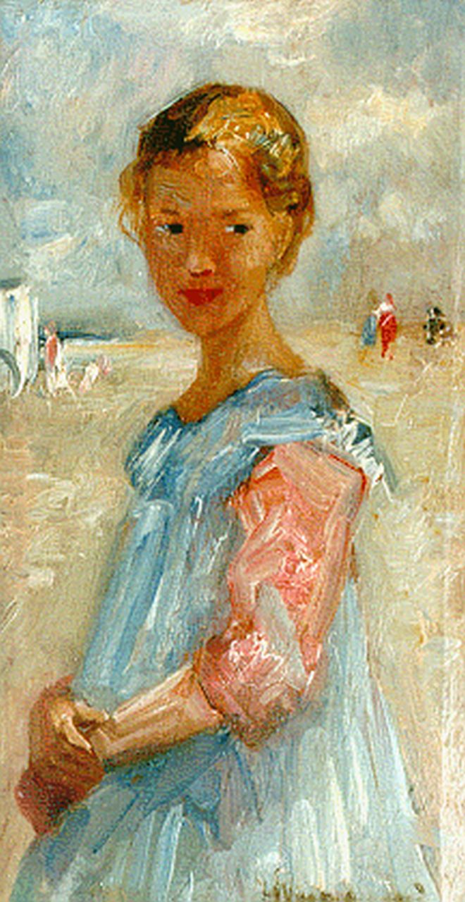 Maris S.W.  | Simon Willem Maris, A little girl in a blue dress on the beach, Zandvoort, oil on panel 22.0 x 11.7 cm, signed l.r. and dated 1917