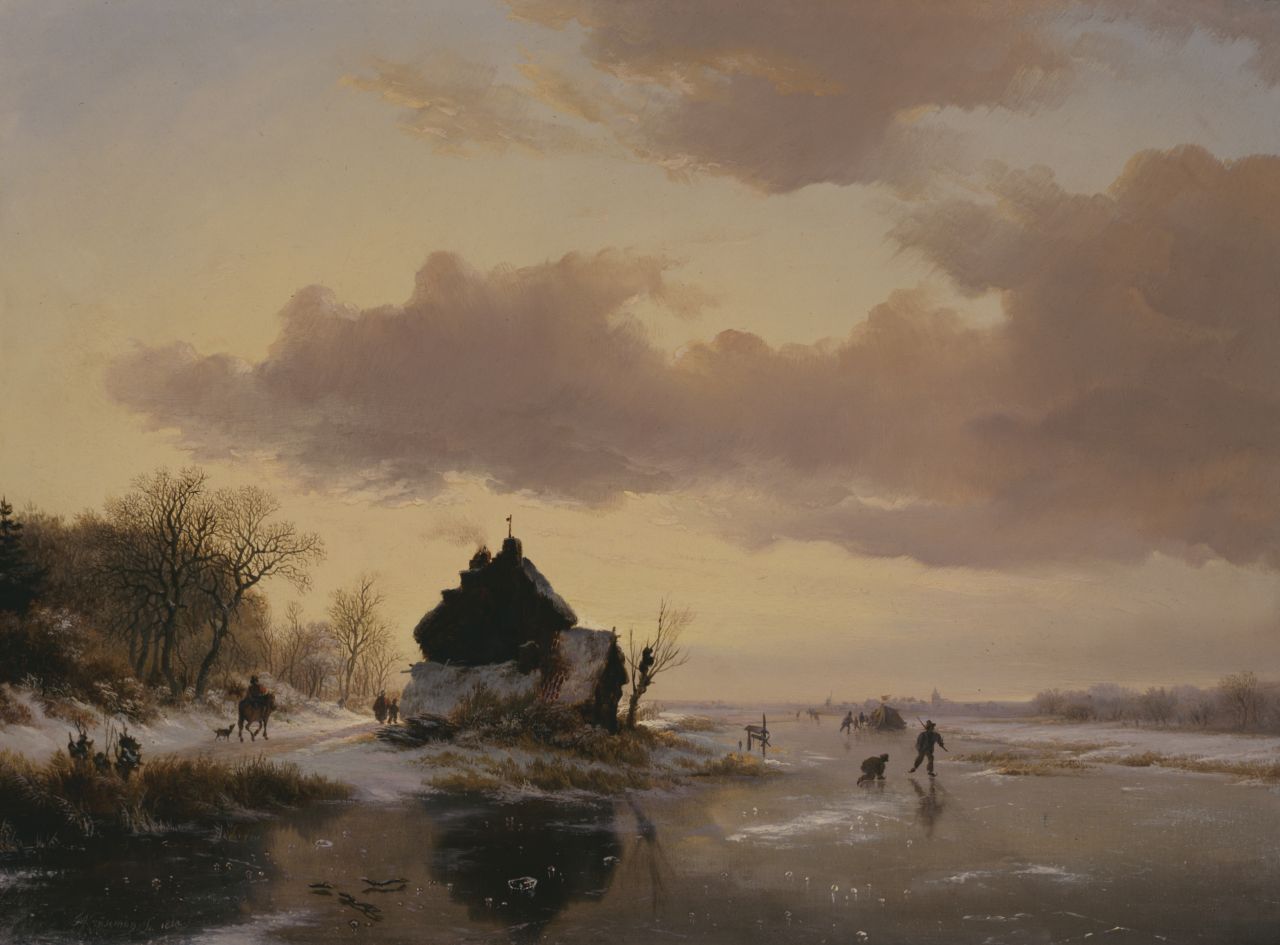 Kruseman F.M.  | Frederik Marinus Kruseman, A winter landscape at sunset, oil on panel 39.3 x 52.8 cm, signed l.l. and dated 1842