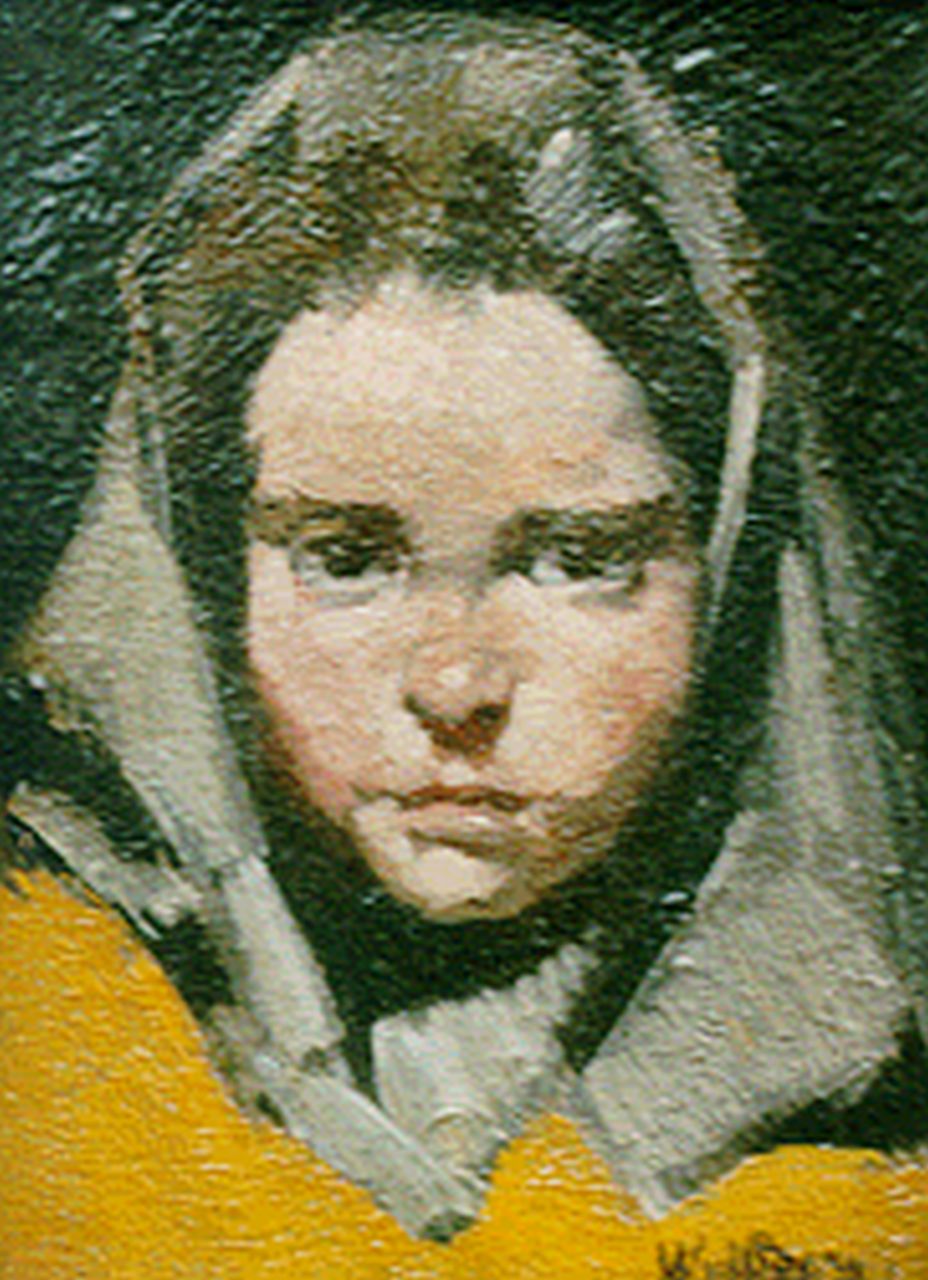 Berg W.H. van den | 'Willem' Hendrik van den Berg, A girl with a headscarf, 12.0 x 8.9 cm, signed l.r.