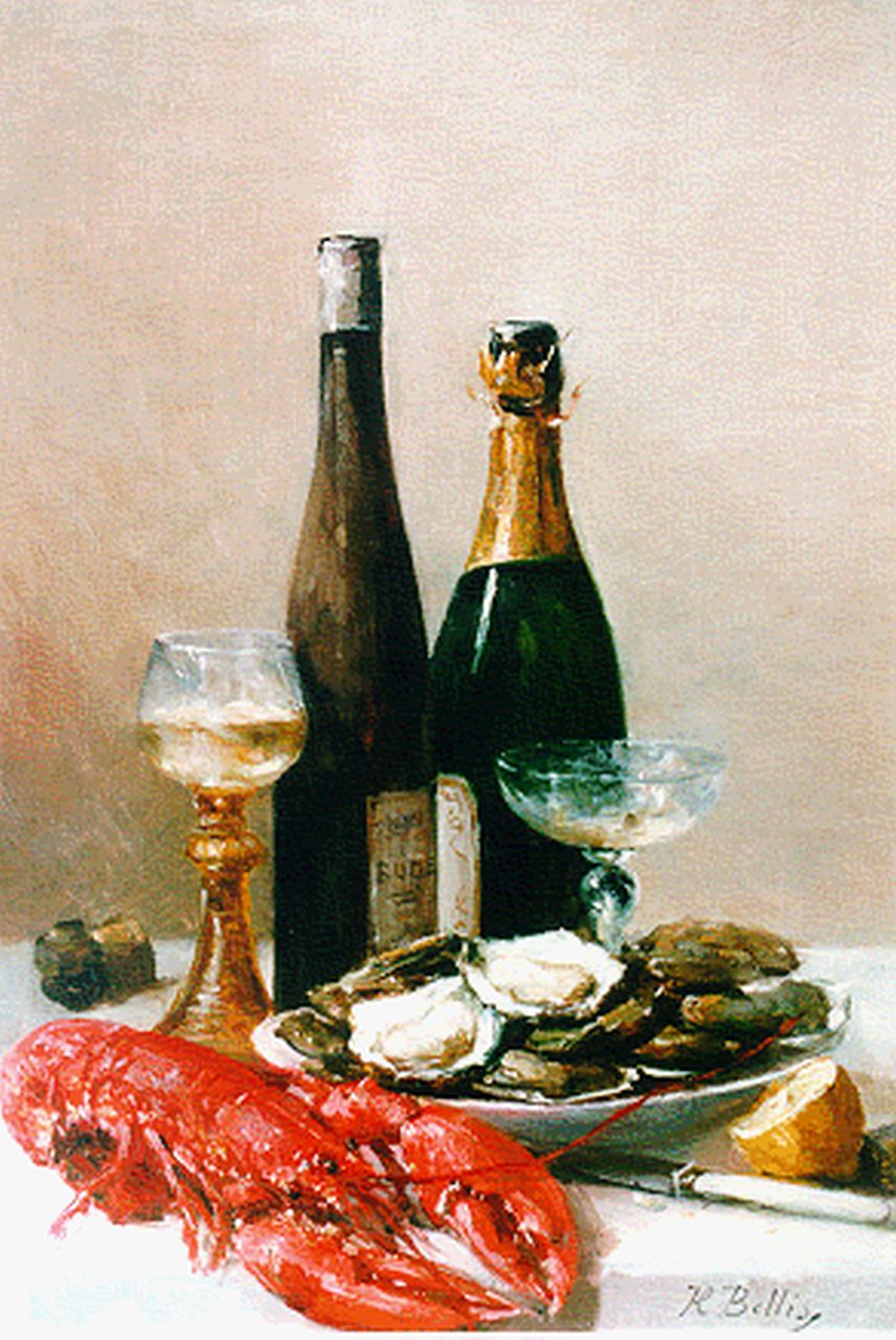 Bellis J.L.  | Josse-Lambert 'Hubert' Bellis, A still life with oysters and champagne, oil on canvas 57.2 x 40.4 cm, signed l.r.
