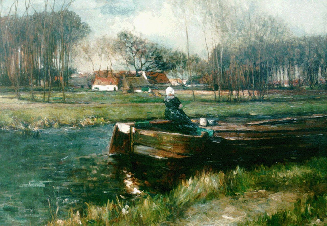Roelofs O.W.A.  | Otto Willem Albertus 'Albert' Roelofs, A woman in a flatboat, oil on canvas 122.5 x 171.1 cm, signed on the reverse and dated 1896