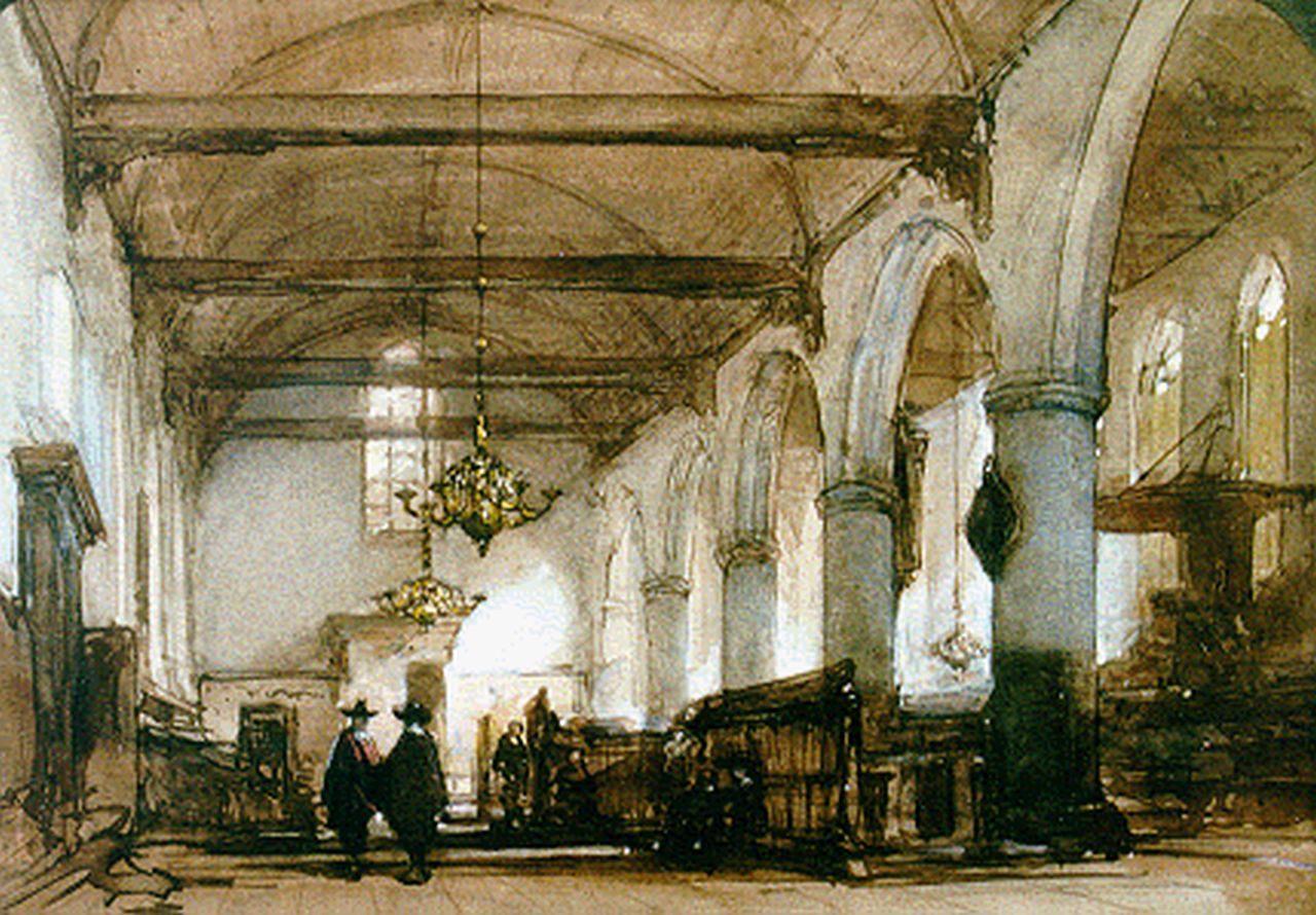 Bosboom J.  | Johannes Bosboom, Interior of the 'Bakenesserkerk', Haarlem, watercolour on paper 20.0 x 27.8 cm, signed l.l.