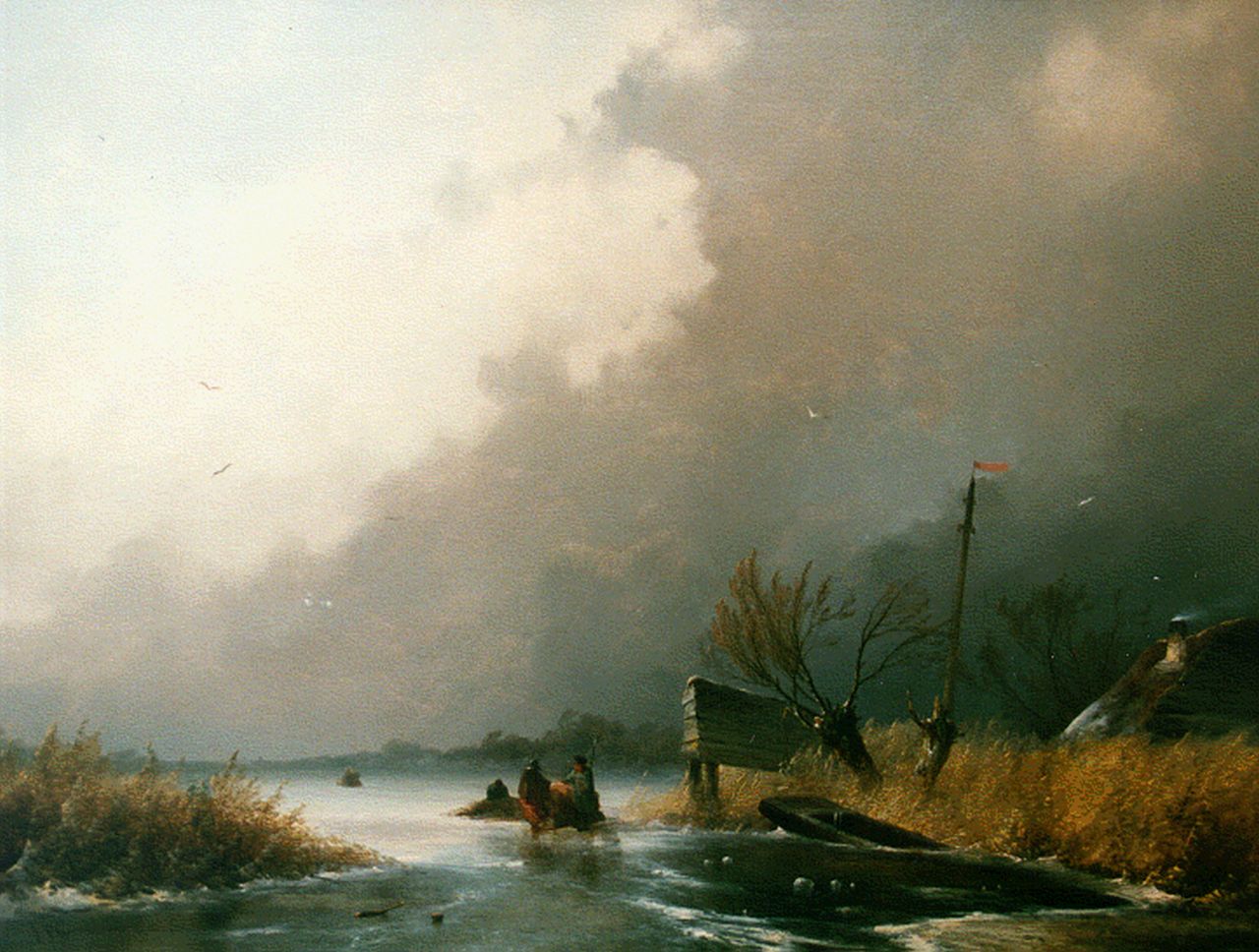 Hoppenbrouwers J.F.  | Johannes Franciscus Hoppenbrouwers, A frozen waterway with skaters on the ice, oil on panel 54.5 x 72.7 cm, signed l.l. and dated '52