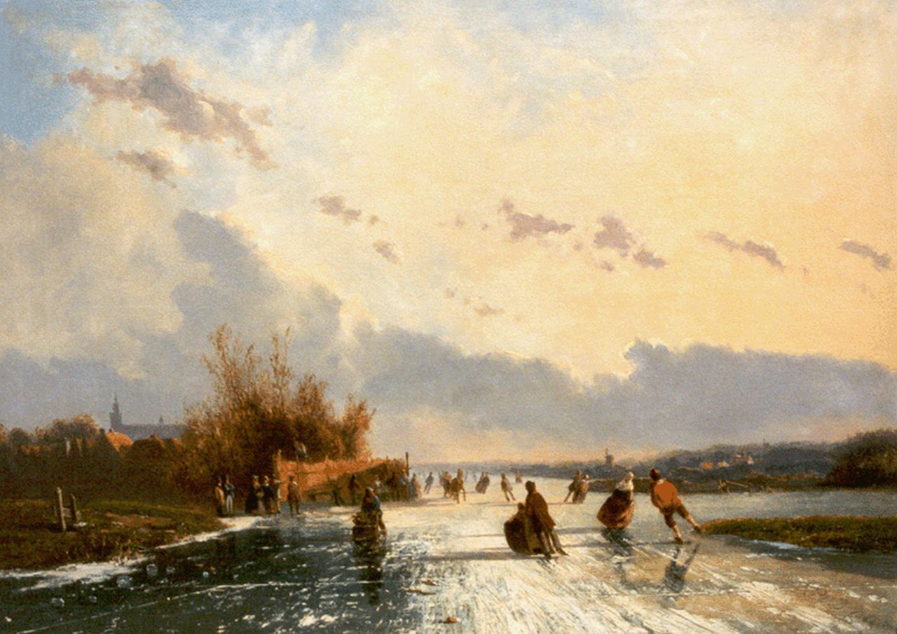 Borselen P. van | Pieter van Borselen, A winter landscape with figures skating on the ice, oil on canvas 50.2 x 70.4 cm, signed l.r. with initials and dated 1864