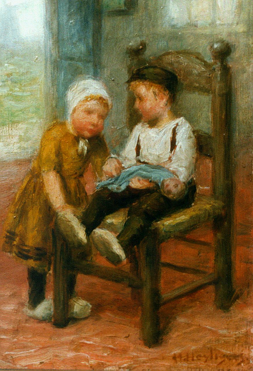 Heijligers H.  | Hendrik 'Henri' Heijligers, Children playing with a doll, oil on panel 18.0 x 13.2 cm, signed l.r.