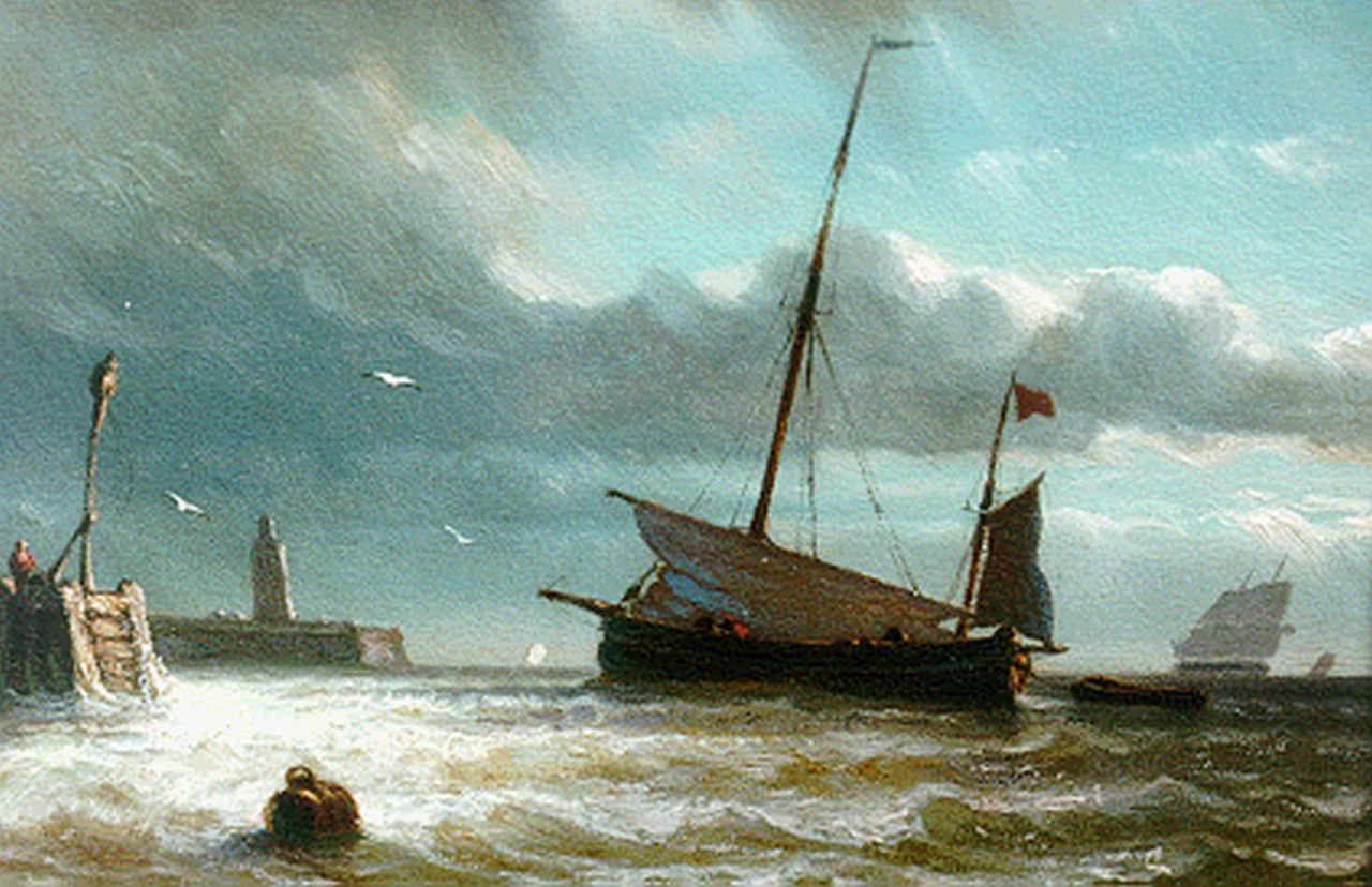 Hoffmann G.J.  | Georges Johannes Hoffmann, A sailing vessel lowering sail, oil on panel 12.9 x 18.6 cm