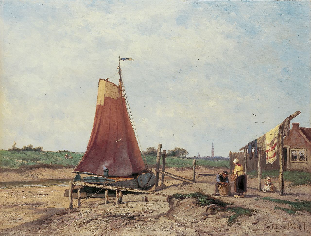 Koekkoek J.H.B.  | Johannes Hermanus Barend 'Jan H.B.' Koekkoek, A fisherman at work, oil on panel 32.2 x 42.4 cm, signed l.r.